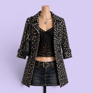 XXI Vintage Y2K Leopard Print Pea Coat Jacket Pink Lining Women Medium Animal